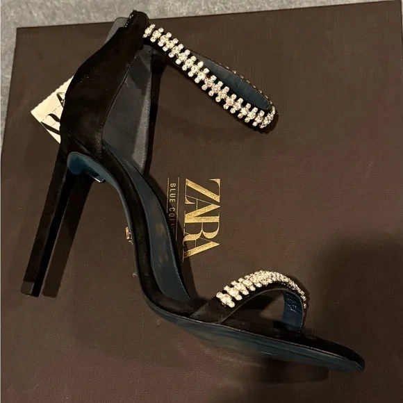 Zara Crystal Strap Black Suede Heels - Picture 3 of 11